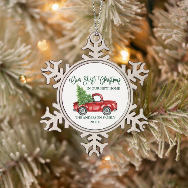 Calligraphy First Christmas New Home Truck Snowflake Pewter Christmas Ornament (Tree)