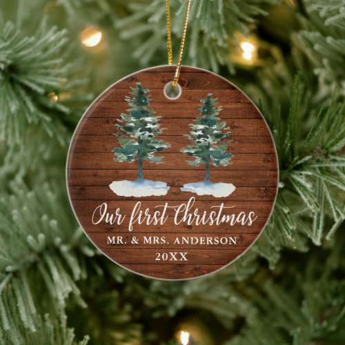 Calligraphy First Christmas Rustic Wood Two Pines Ceramic Ornament