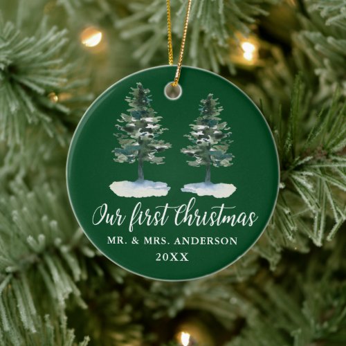 Calligraphy First Christmas Watercolor Two Pines Ceramic Ornament
