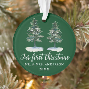 Calligraphy First Christmas Watercolor Two Pines Ornament