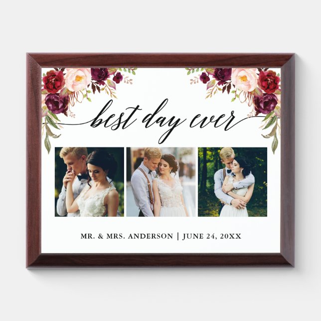 Calligraphy Floral Best Day Ever Wedding Plaque (Horizontal)