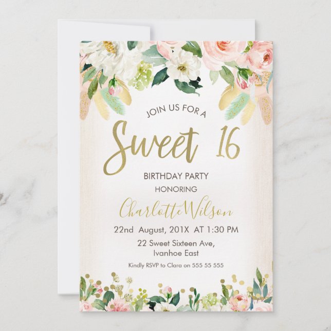 Calligraphy Floral Boho 16th Birthday Invitation (Front)