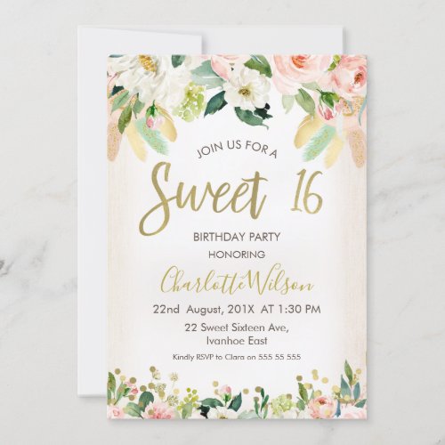 Calligraphy Floral Boho 16th Birthday Invitation