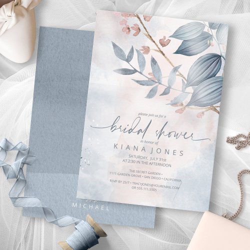 Calligraphy Floral Bridal Shower Dusty Blue ID771 Invitation