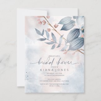 Calligraphy Floral Bridal Shower Dusty Blue ID771 Invitation