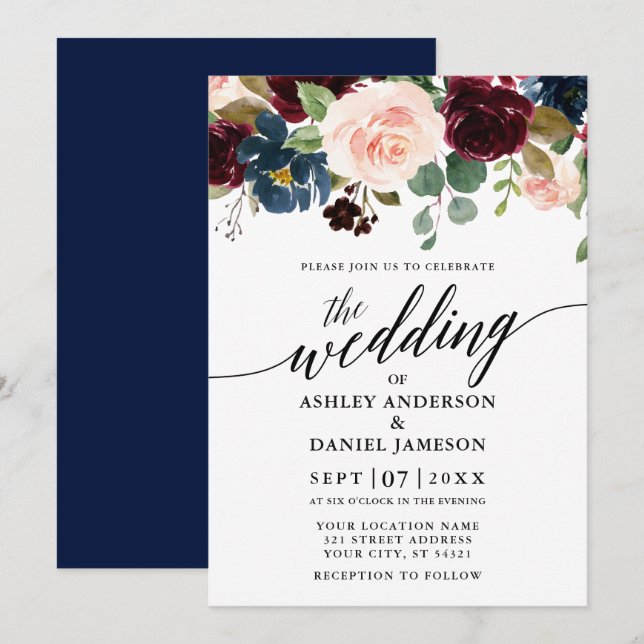 Calligraphy Floral Burgundy Blue Pink Wedding Invitation (Front/Back)