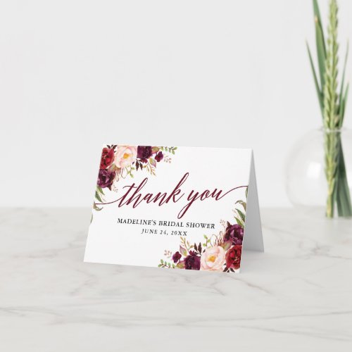 Calligraphy Floral Burgundy Bridal Shower Note Thank You Card