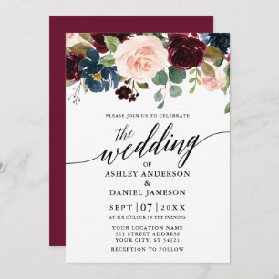 Calligraphy Floral Burgundy Pink Blue Wedding Invitation