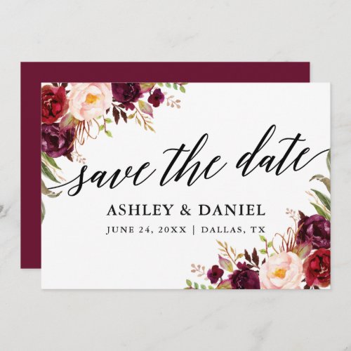 Calligraphy Floral Burgundy Save The Date Card