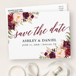 Calligraphy Floral Burgundy Save The Date Postcard