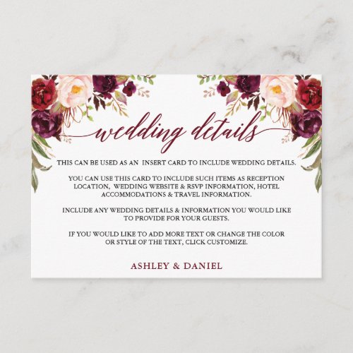 Calligraphy Floral Burgundy Wedding Details Enclosure Card