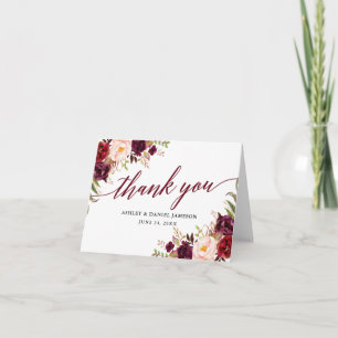 Calligraphy Floral Burgundy Wedding Note Letterpress Thank You Card