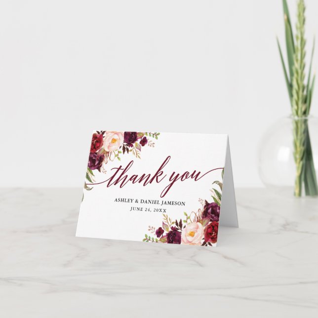 Calligraphy Floral Burgundy Wedding Note Thank You Card (Front)