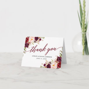 Calligraphy Floral Burgundy Wedding Note Thank You Card