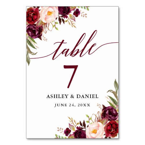 Calligraphy Floral Burgundy Wedding Table Number