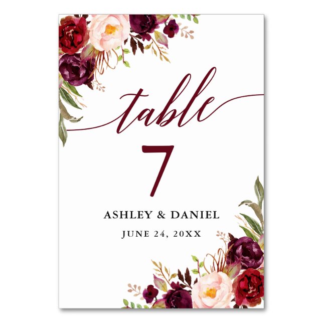 Calligraphy Floral Burgundy Wedding Table Number (Front)