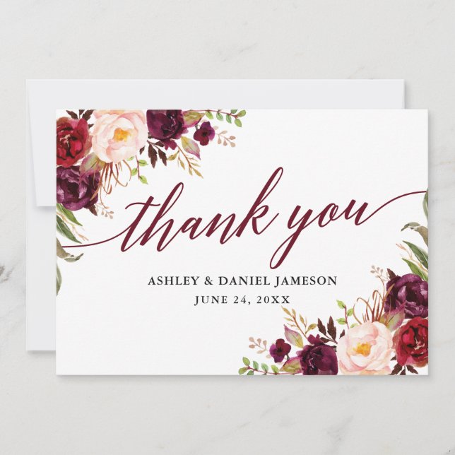 Calligraphy Floral Burgundy Wedding Thank You Card (Front)