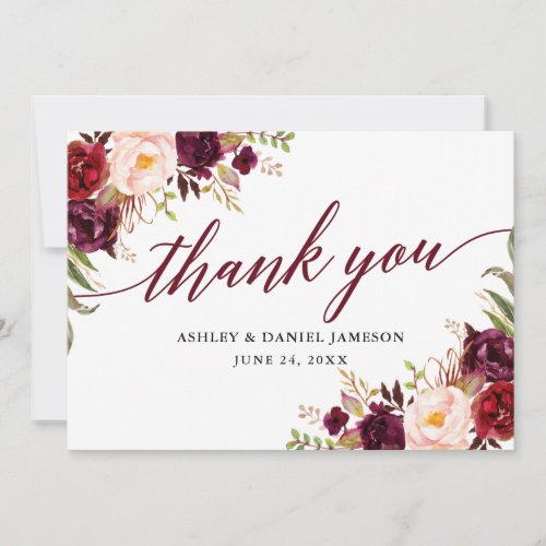 Calligraphy Floral Burgundy Wedding Thank You Card