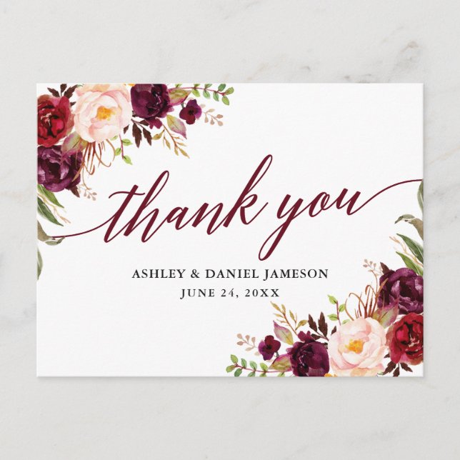 Calligraphy Floral Burgundy Wedding Thank You Postcard (Front)