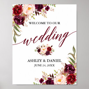 Calligraphy Floral Burgundy Wedding Welcome Poster