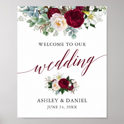 Calligraphy Floral Burgundy Wedding Welcome Poster