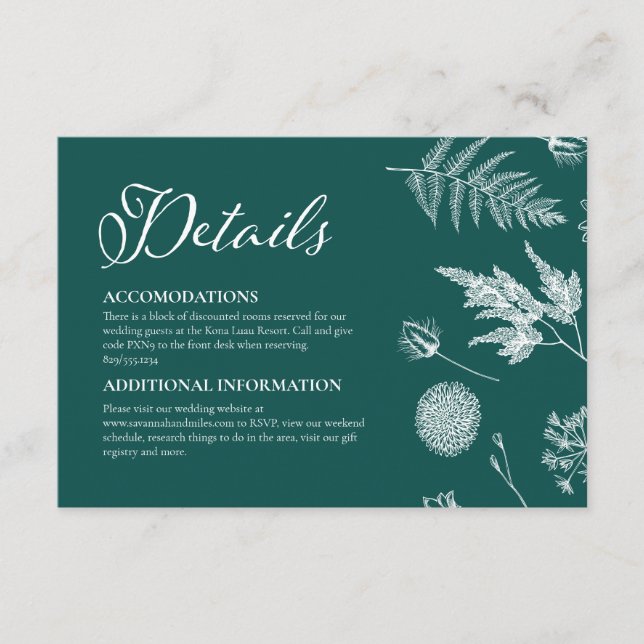 Calligraphy & Floral Dark Teal Wedding Enclosure Card (Front)