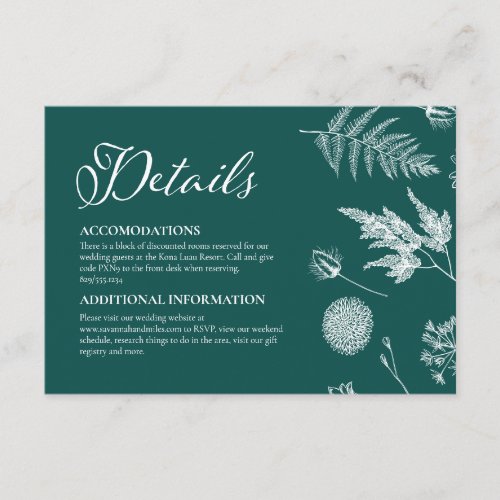 Calligraphy  Floral Dark Teal Wedding Enclosure Card
