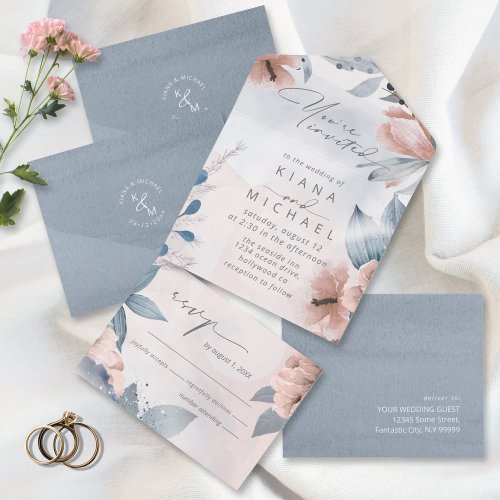Calligraphy Floral Dusty Blue ID771 All In One Invitation
