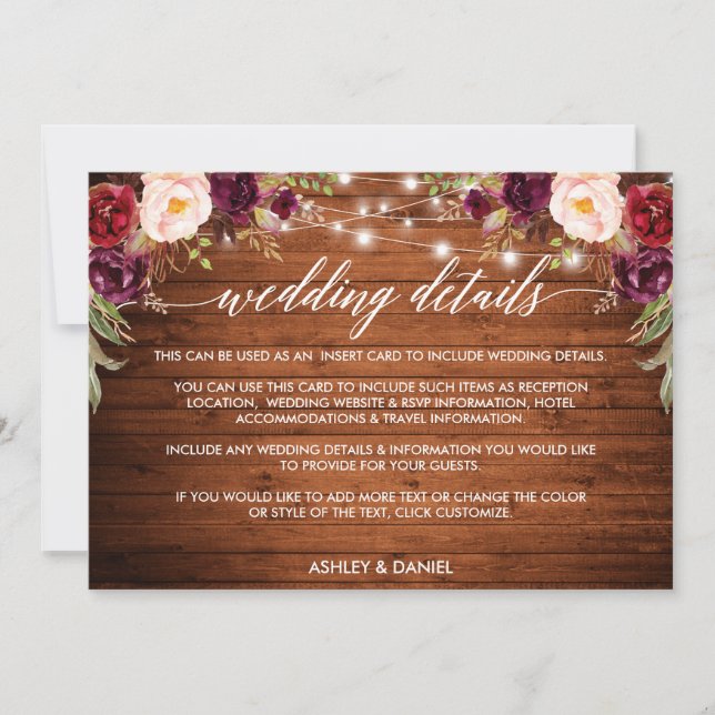 Calligraphy Floral Lights Wedding Details Card (Front)