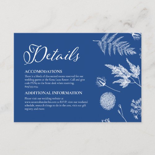 Calligraphy  Floral Marseille Blue Wedding Enclosure Card