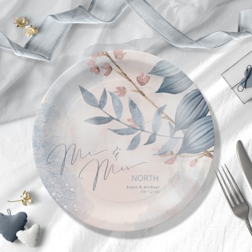 Calligraphy Floral Mr and Mrs Dusty Blue ID771 Paper Plates