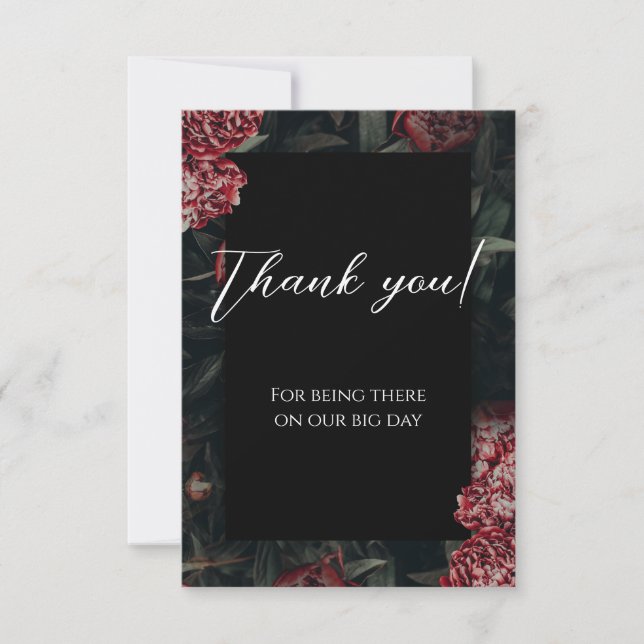 Calligraphy Floral Peony Gothic Wedding Thank You Card (Front)