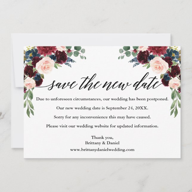 Calligraphy Floral Save The New Date Card (Front)