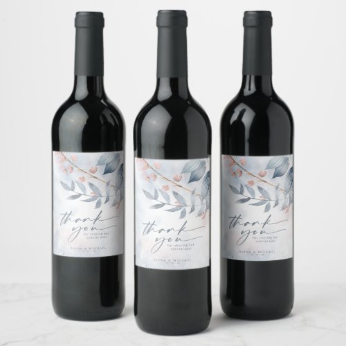 Calligraphy Floral Thank You Dusty Blue ID771 Wine Label