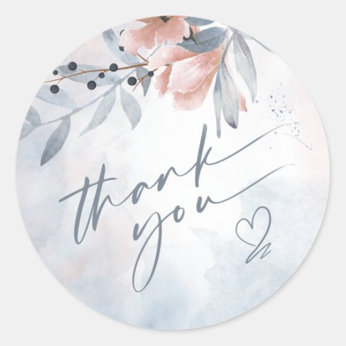 Calligraphy Floral Thank You Heart Blue ID771 Classic Round Sticker