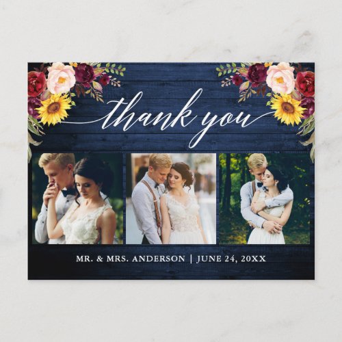 Calligraphy Floral Wedding Blue Wood Thank You Postcard