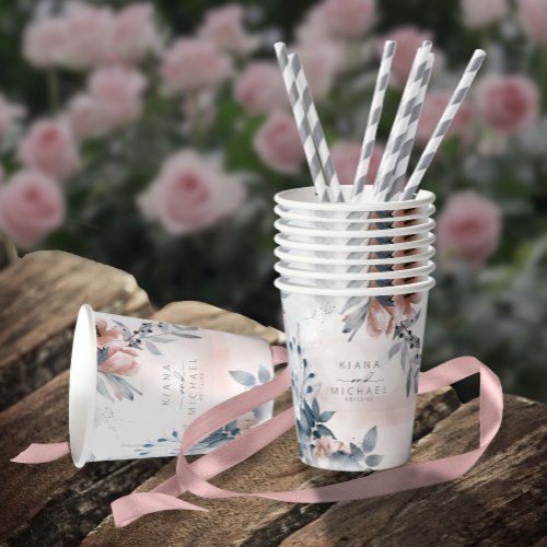 Calligraphy Floral Wedding Dusty Blue ID771 Paper Cups