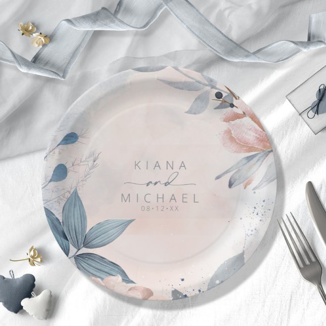 Calligraphy Floral Wedding Dusty Blue ID771 Paper Plates (Creator Uploaded)