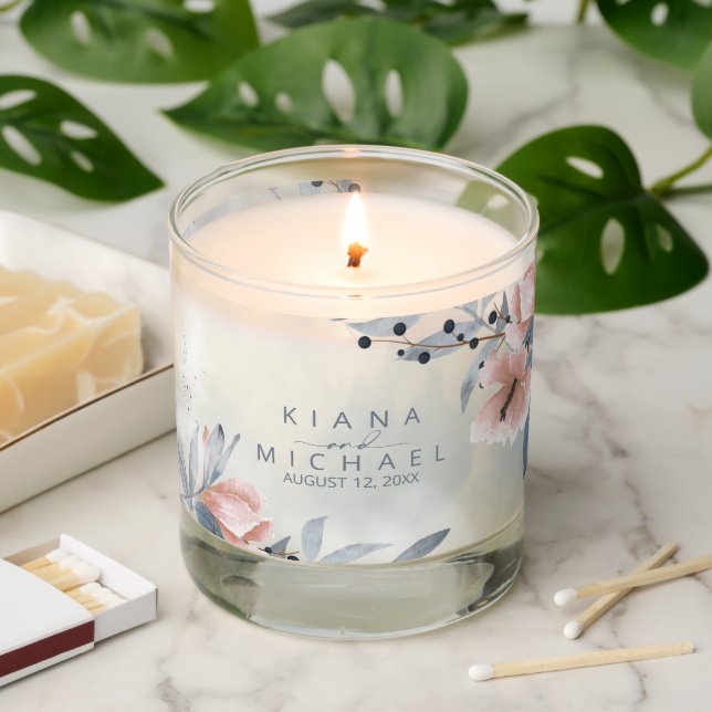 Calligraphy Floral Wedding Dusty Blue ID771 Scented Candle (Lit)