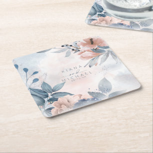 Calligraphy Floral Wedding Dusty Blue ID771 Square Paper Coaster