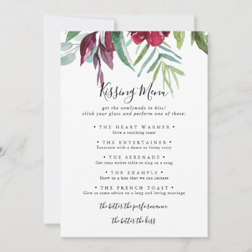 Calligraphy Floral Wedding Kissing Menu Game Card