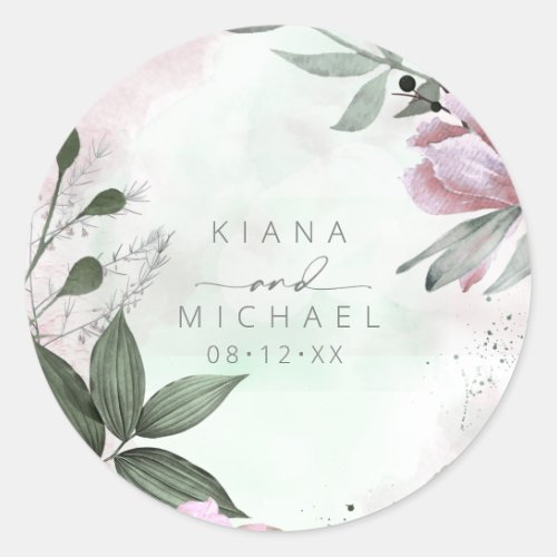 Calligraphy Floral Wedding Mauve ID771 Classic Round Sticker