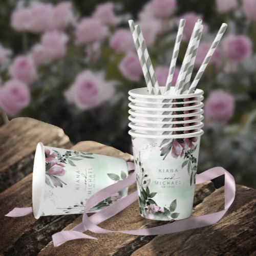 Calligraphy Floral Wedding Mauve ID771 Paper Cups