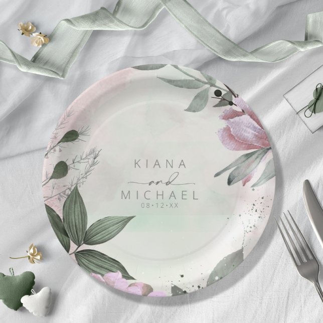 Calligraphy Floral Wedding Mauve ID771 Paper Plates (Creator Uploaded)