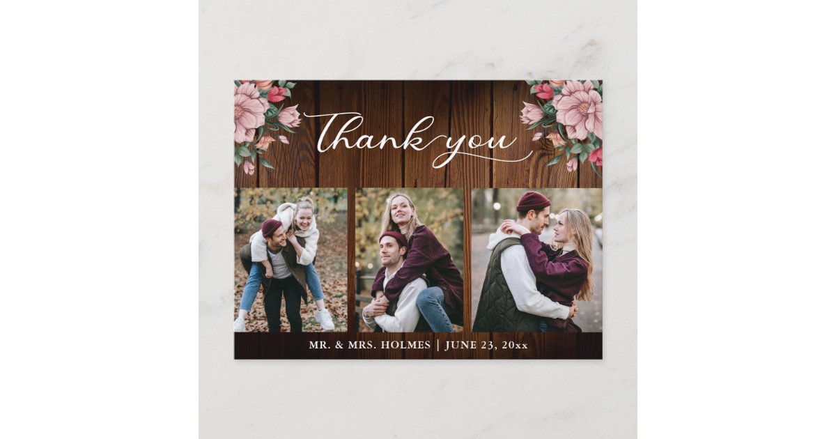 Calligraphy Floral Wedding Rustic Wood Thank You Postcard | Zazzle