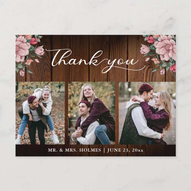 Calligraphy Floral Wedding Rustic Wood Thank You Postcard (Front)