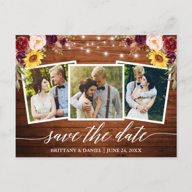 Calligraphy Floral Wood Burgundy Save The Date Postcard (Front)