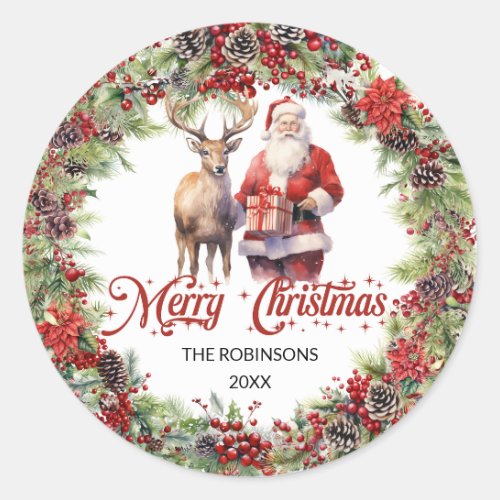Calligraphy font  traditional Christmas wreath Classic Round Sticker