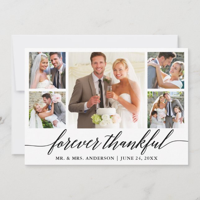 Calligraphy Forever Thankful 5 Photo Wedding Thank You Card (Front)