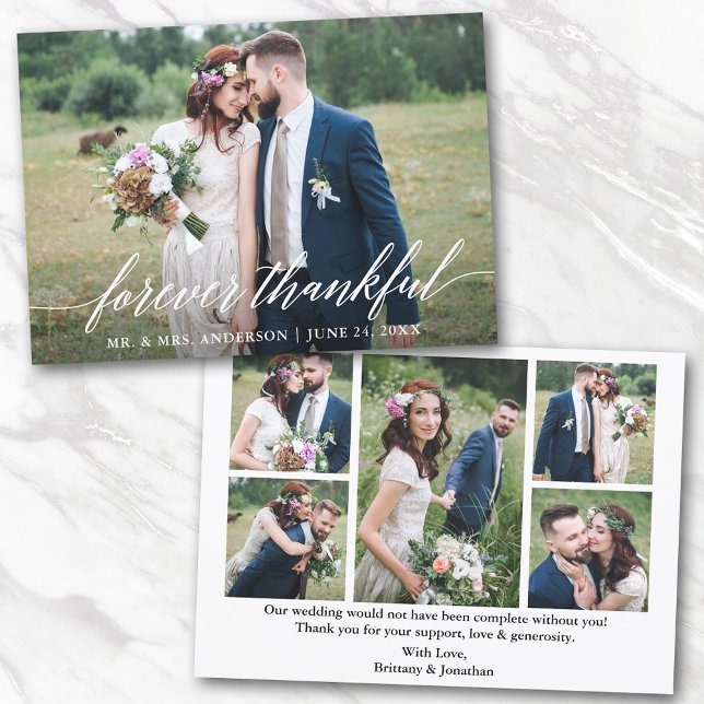 Calligraphy Forever Thankful 6 Photos Wedding Thank You Card (Customize to change your personalized text size or text style.)